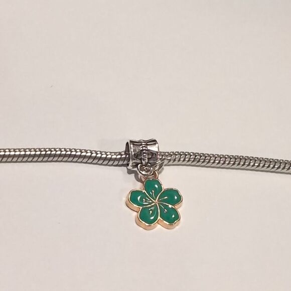 Silver Gold Green Flower Enamel Charm‎ for Pandora Style Bracelet - Picture 1 of 4